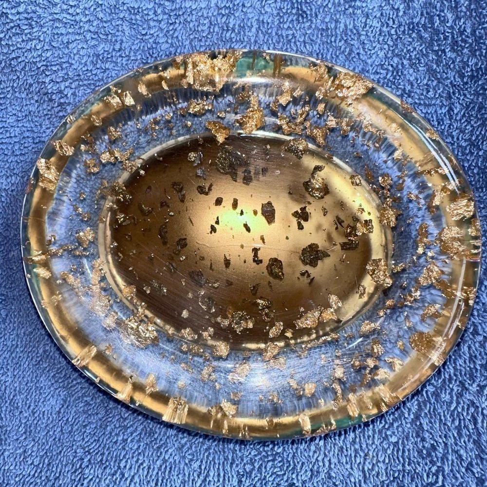 Nicole Miller Gold Flake Large Bathroom Soap Dish Clear Lucite Resin Oval Shape